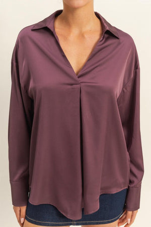 HYFVE INC. Women's Top Collared V-neck Satin Blouse