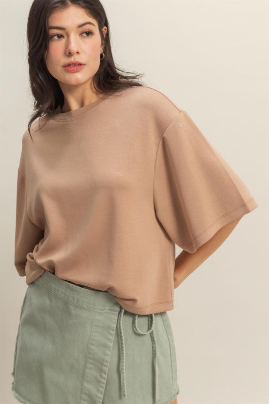 HYFVE INC. Women's Top DK TAUPE / S Scuba Drop Shoulder Everyday Basic Top || David's Clothing DZ26A467