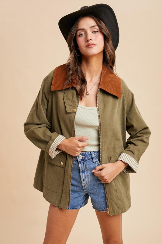 IN LOOM Women Jackets LT OLIVE / S Corduroy Collared Cotton Chore Jacket ILJ5898