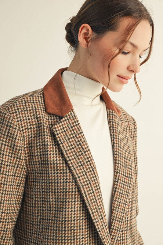 JODIFL Women Jackets Suede Contrast Accent Herringbone Blazer