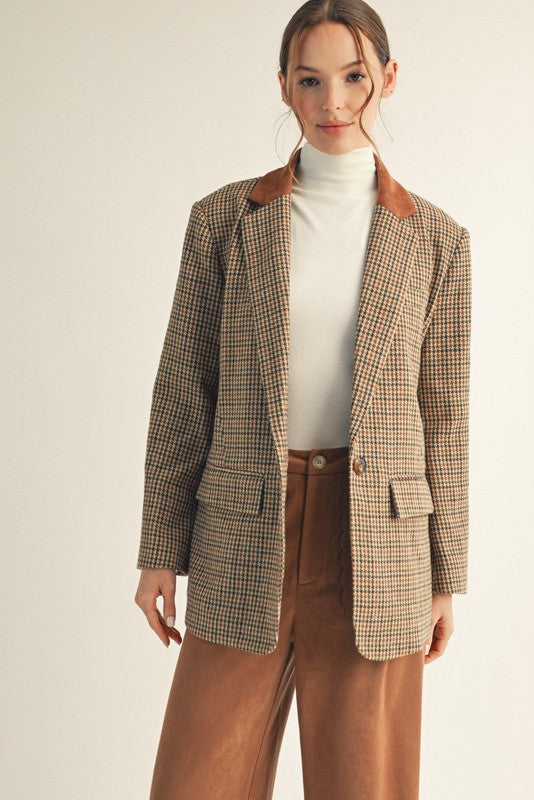JODIFL Women Jackets Suede Contrast Accent Herringbone Blazer