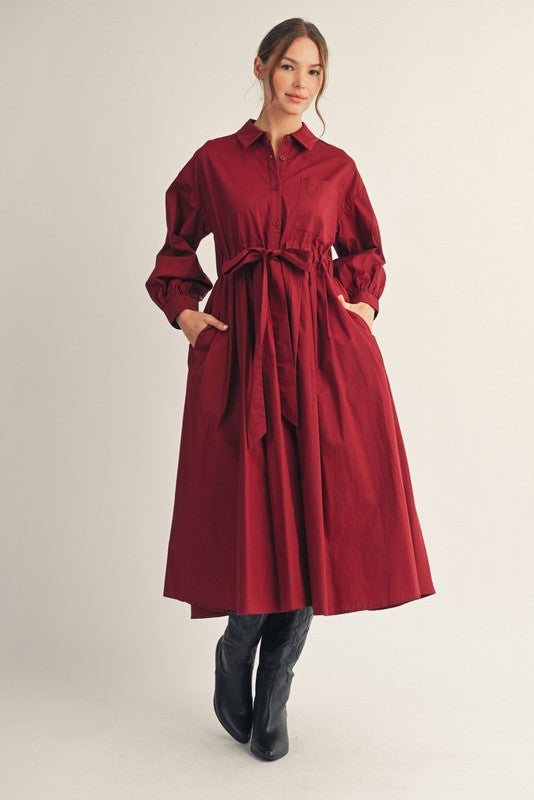 JODIFL Women's Dresses Front Pleat Accent Button Down Midi Dress