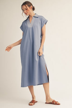 JODIFL Women's Dresses DENIM / S Stitch Detail Side Slit Hem Midi Dress G15798