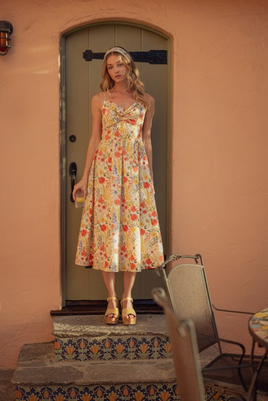 JODIFL Women's Dresses Front Knot Detail Lovely Floral Midi Dress