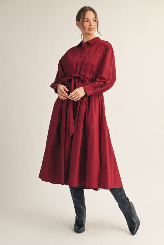 JODIFL Women's Dresses Front Pleat Accent Button Down Midi Dress