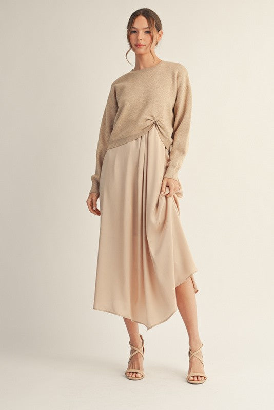 JODIFL Women's Dresses Front Pleat Detail Solid Mix Match Dress