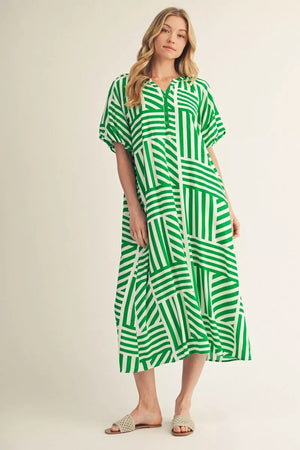 JODIFL Women's Dresses Short Puff Sleeves Geo Stripe Midi Dress