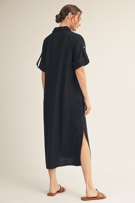 JODIFL Women's Dresses Side Slit Detail Button Down Woven Midi Dress