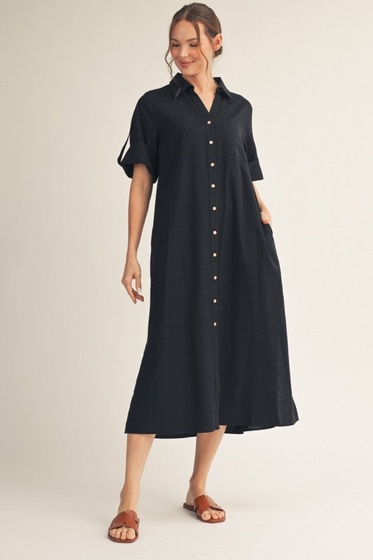 JODIFL Women's Dresses Side Slit Detail Button Down Woven Midi Dress