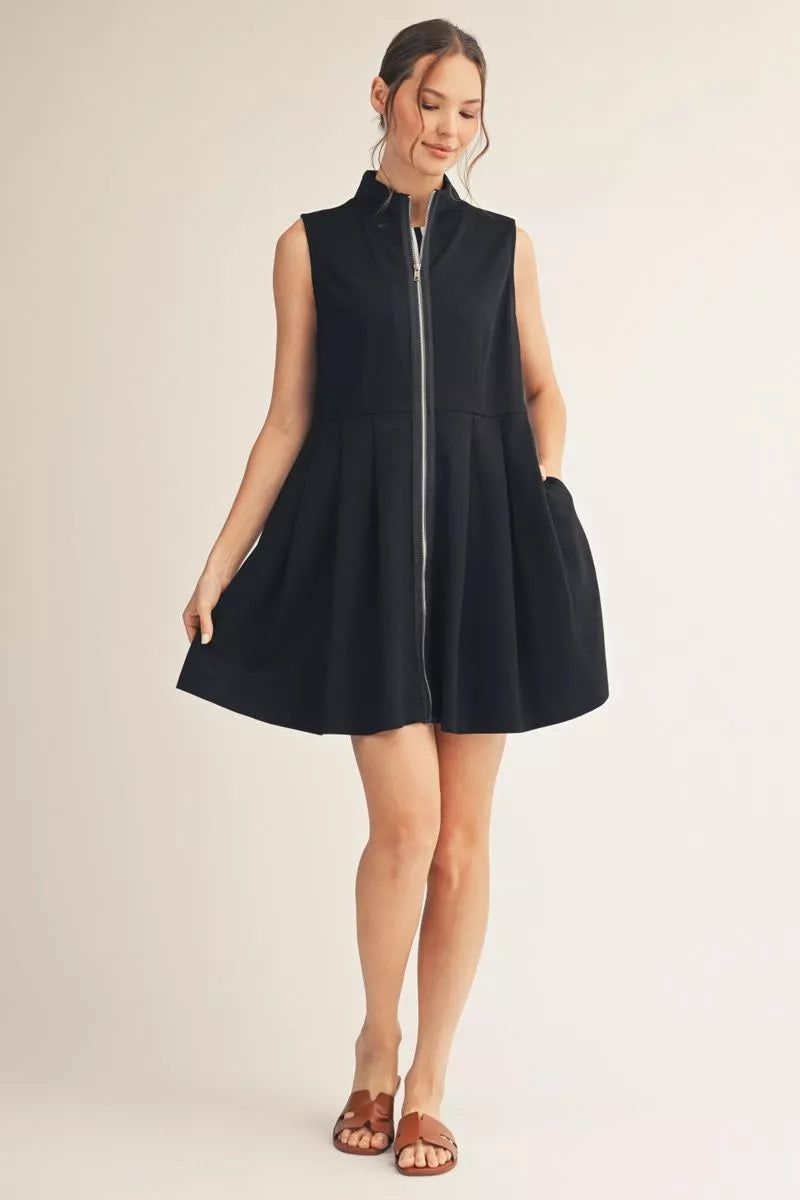 JODIFL Women's Dresses Sleeveless High Neck Front Zip up Casual Dress