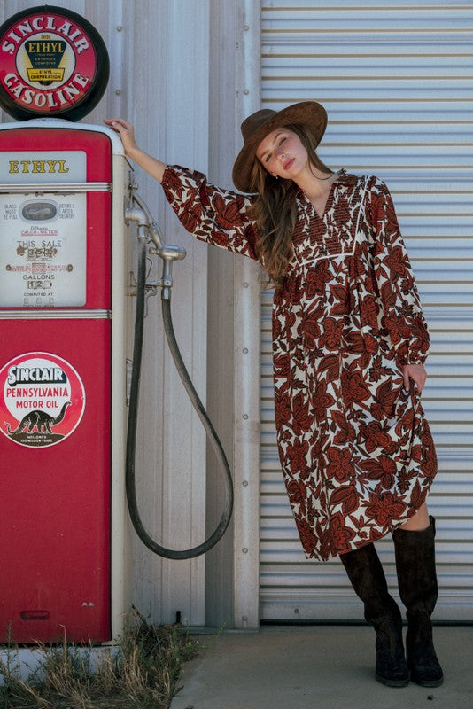 JODIFL Women's Dresses Smocked Chest Floral Midi Dress