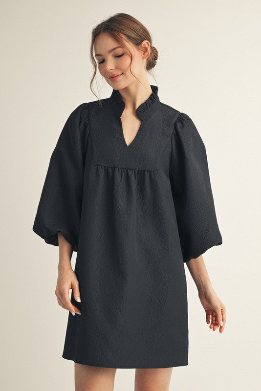 JODIFL Women's Dresses Solid Textured Balloon Sleeves Babydoll Dress