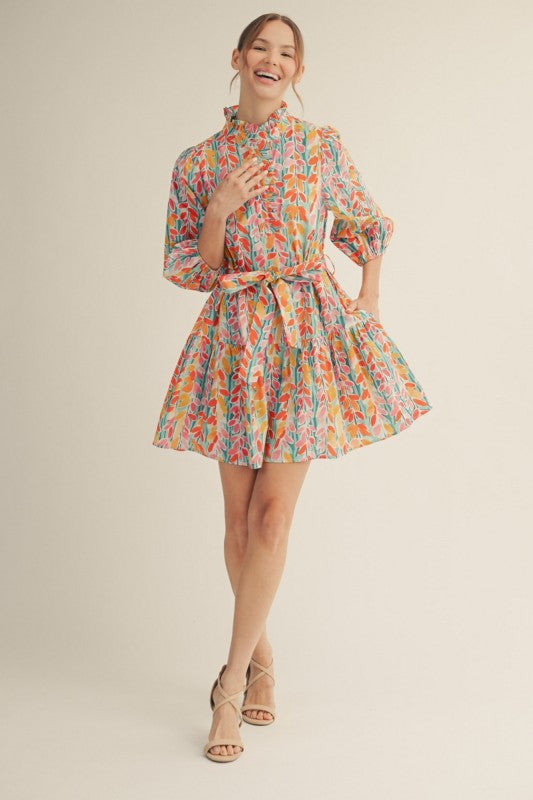 JODIFL Women's Dresses Waist Tie Vibrant Floral Tiered Dress