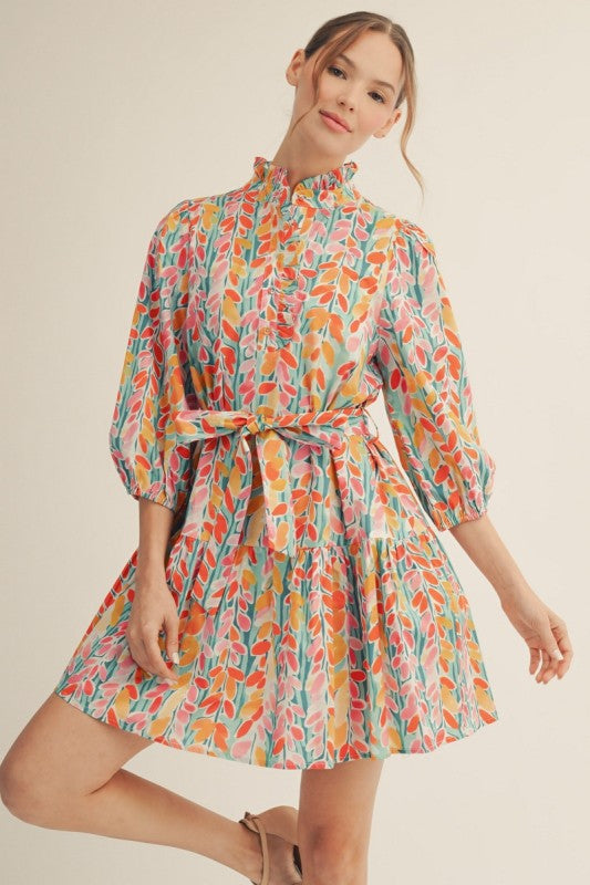JODIFL Women's Dresses Waist Tie Vibrant Floral Tiered Dress