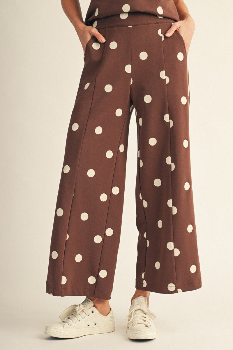 JODIFL Women's Pants Color Rib Band Accent Polka Dot Casual Pants