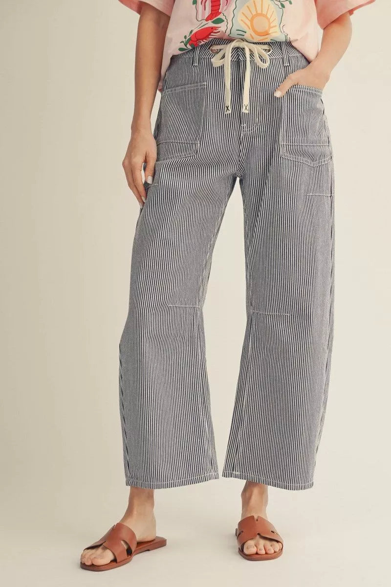JODIFL Women's Pants Drawstring Waist Stripe Barrel Pants