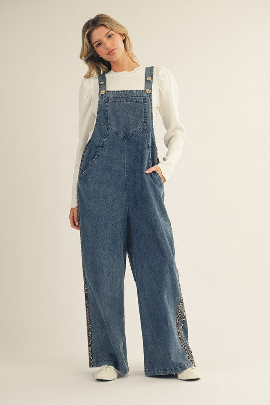 JODIFL Women's Pants Side Animal Contrast Accent Washed Denim Overalls