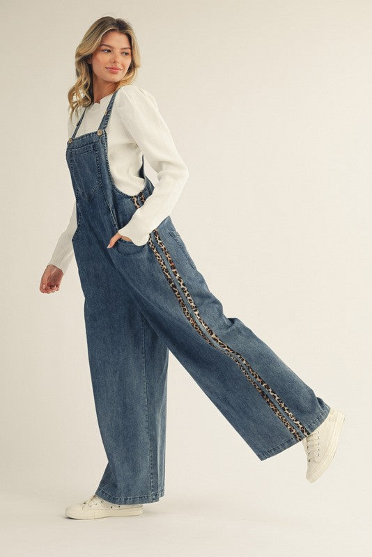JODIFL Women's Pants Side Animal Contrast Accent Washed Denim Overalls