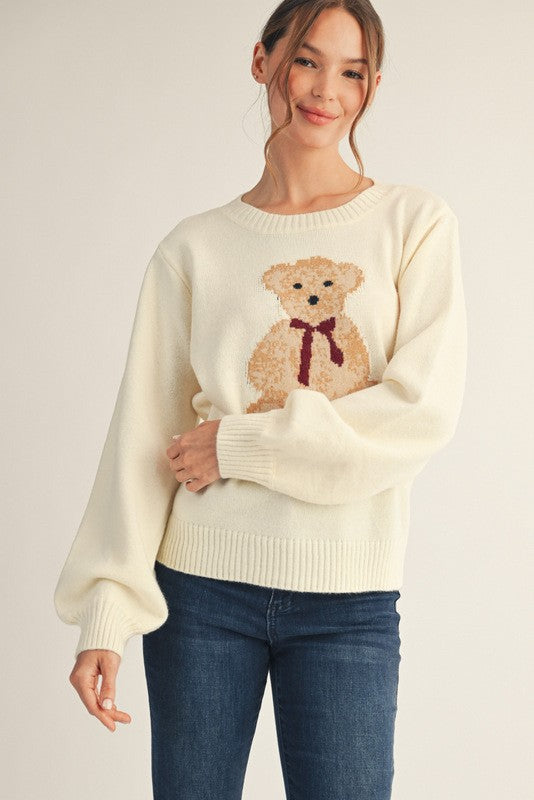 JODIFL Women's Sweaters IVORY / S Cutesy Teddy Bear Sweater Top G14650