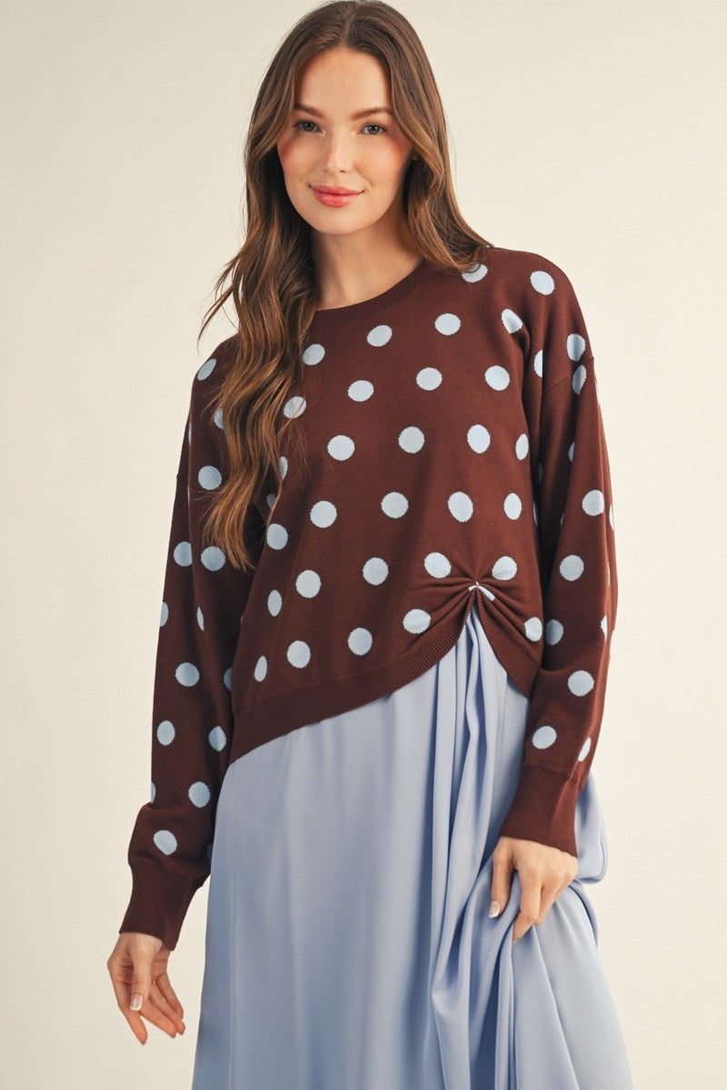 JODIFL Women's Sweaters Drop Shoulder Knot Detail Polka Dot Sweater Top