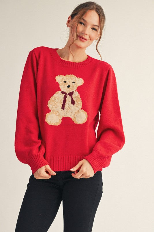 JODIFL Women's Sweaters RED / S Cutesy Teddy Bear Sweater Top G14650