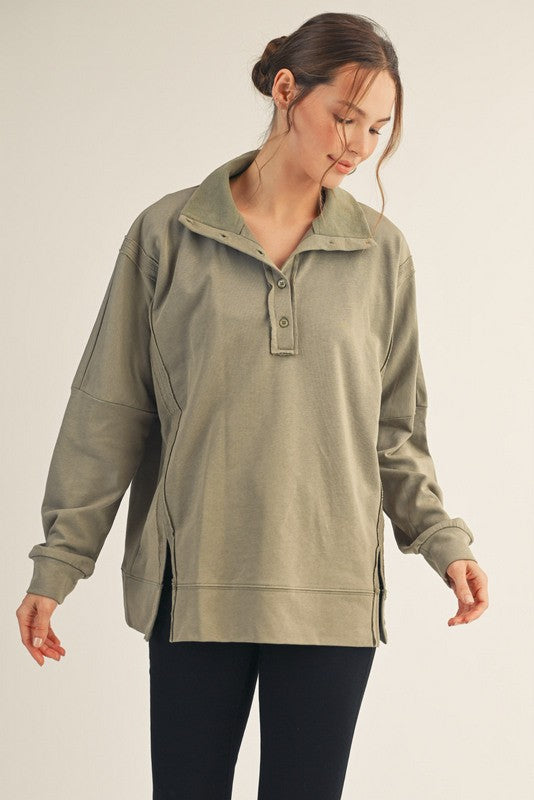 JODIFL Women's Sweaters SAGE / S Raw Cut Accent Solid Casual Top || David's Clothing G14832