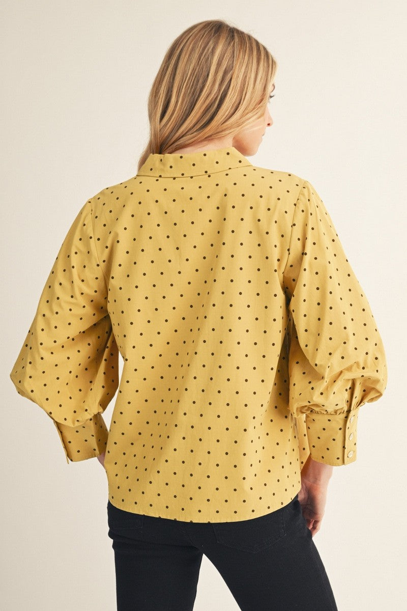 JODIFL Women's Top Bishop Sleeves Button Down Polka Dot Top