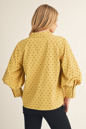 JODIFL Women's Top Bishop Sleeves Button Down Polka Dot Top