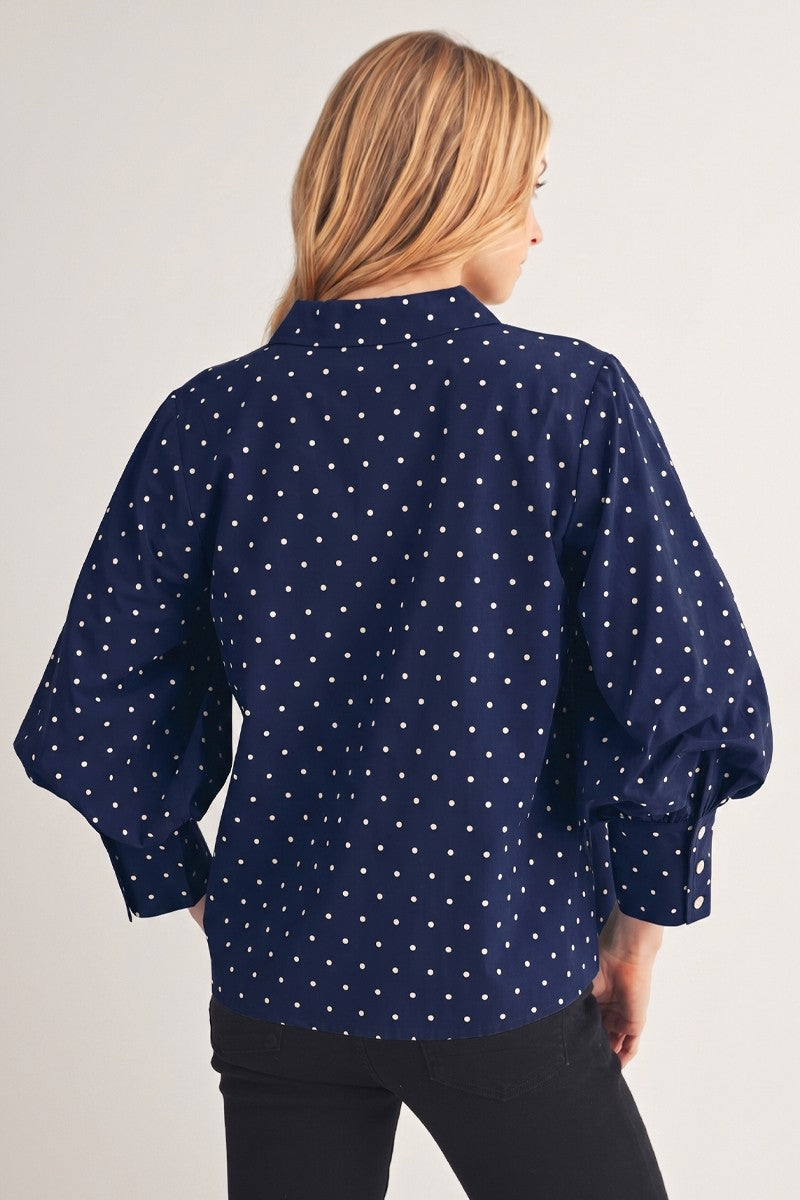 JODIFL Women's Top Bishop Sleeves Button Down Polka Dot Top