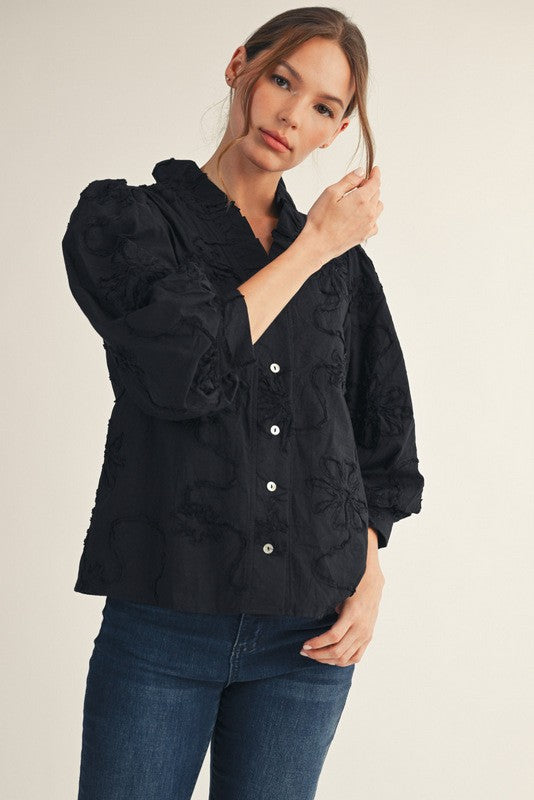 JODIFL Women's Top BLACK / S Button Down 3d Floral Top H12376