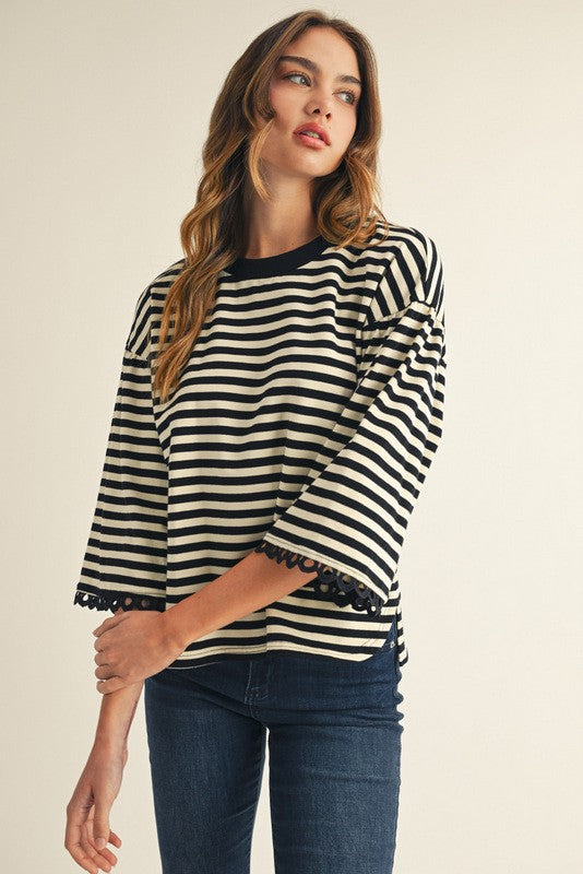 JODIFL Women's Top BLACK / S Lace Trim Accent Stripe Top || David's Clothing G14820