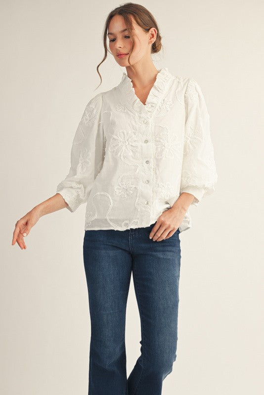 JODIFL Women's Top Button Down 3d Floral Top