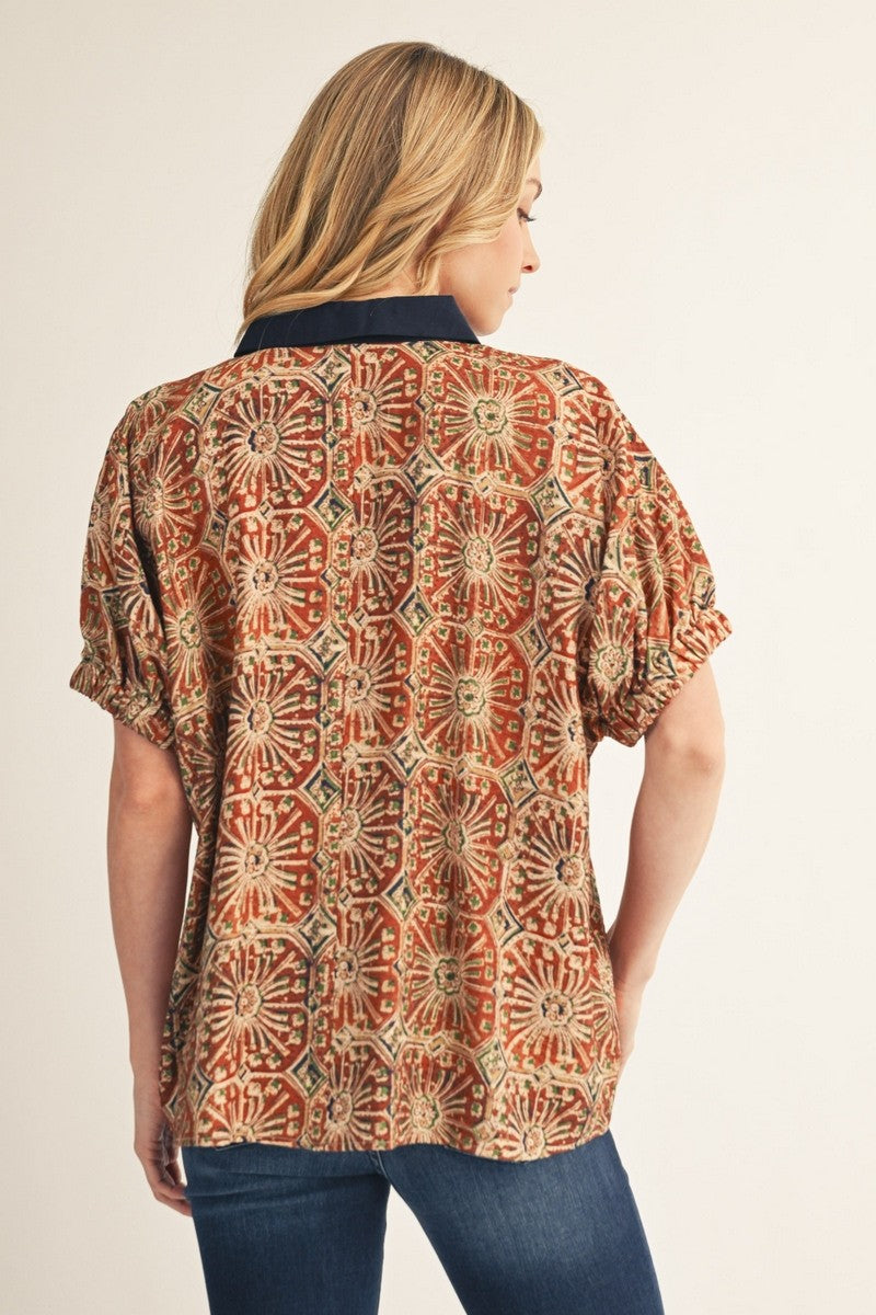JODIFL Women's Top Contrast Accent Boho Print Top