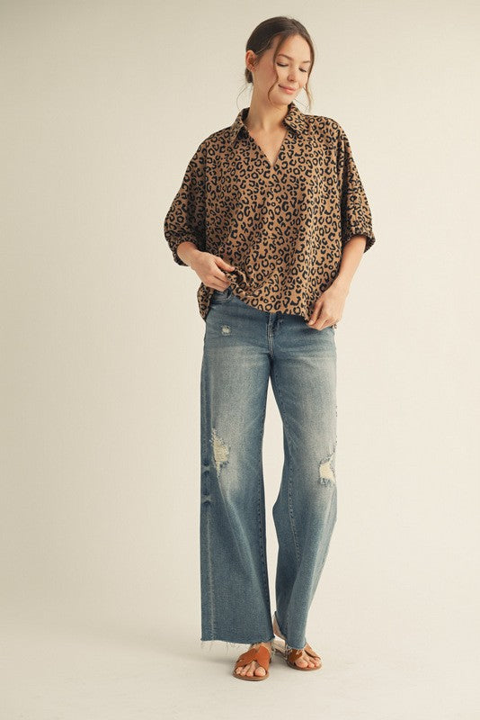 JODIFL Women's Top Drop Shoulder Leopard Top || David's Clothing