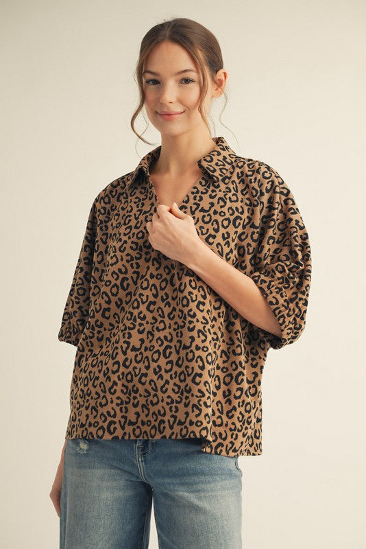 JODIFL Women's Top Drop Shoulder Leopard Top || David's Clothing