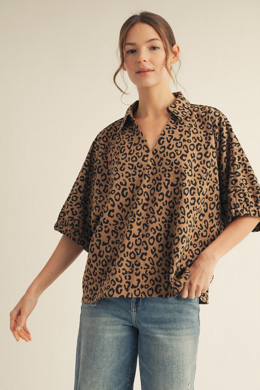 JODIFL Women's Top Drop Shoulder Leopard Top || David's Clothing