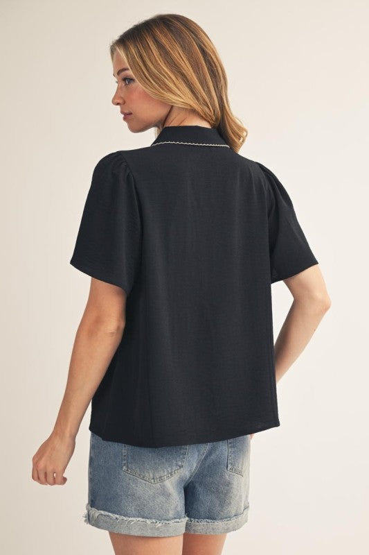 JODIFL Women's Top BLACK / S Embroidered Scallop Edge Accent Crinkle Top G15826