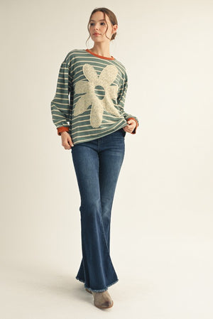 JODIFL Women's Top Eyelet Floral Patched Stripe Top