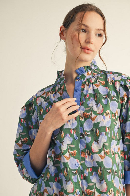 JODIFL Women's Top Flower Print 3/4 Sleeves Button Down Top || David's Clothing