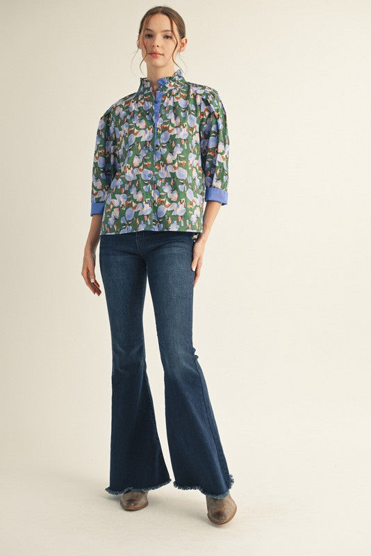 JODIFL Women's Top Flower Print 3/4 Sleeves Button Down Top || David's Clothing