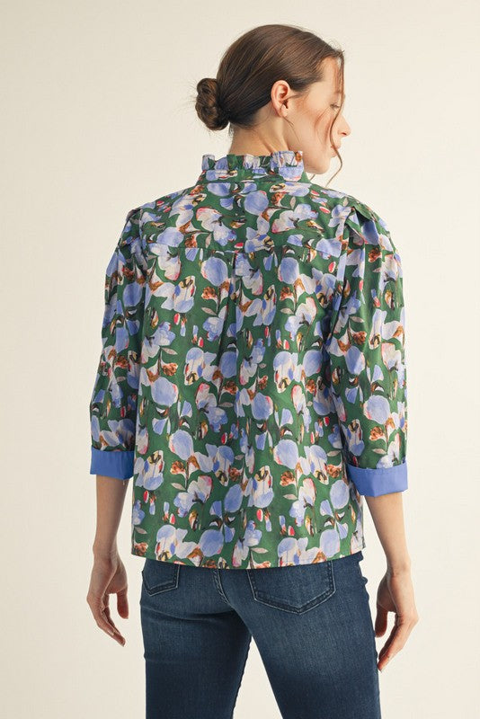 JODIFL Women's Top Flower Print 3/4 Sleeves Button Down Top || David's Clothing