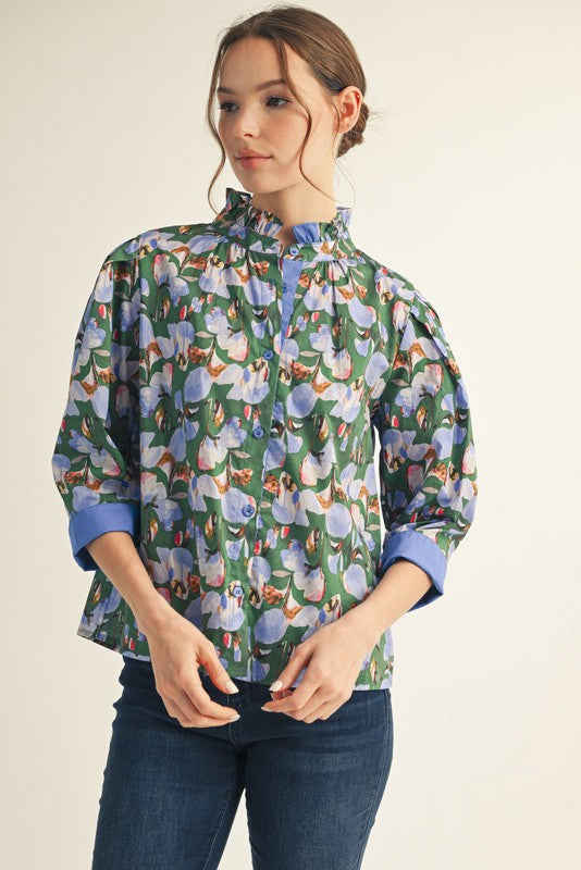JODIFL Women's Top Flower Print 3/4 Sleeves Button Down Top || David's Clothing