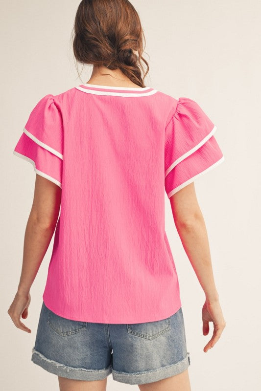JODIFL Women's Top Flutter Sleeves Floral Applique Top