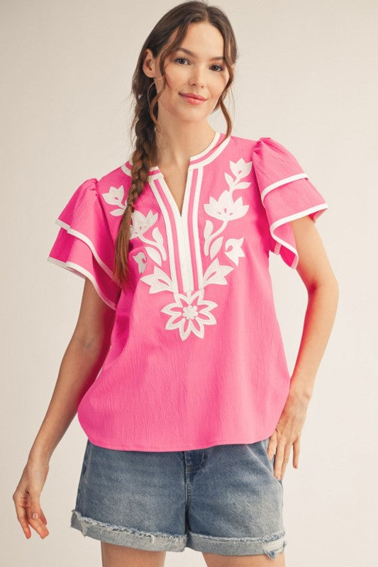 JODIFL Women's Top Flutter Sleeves Floral Applique Top