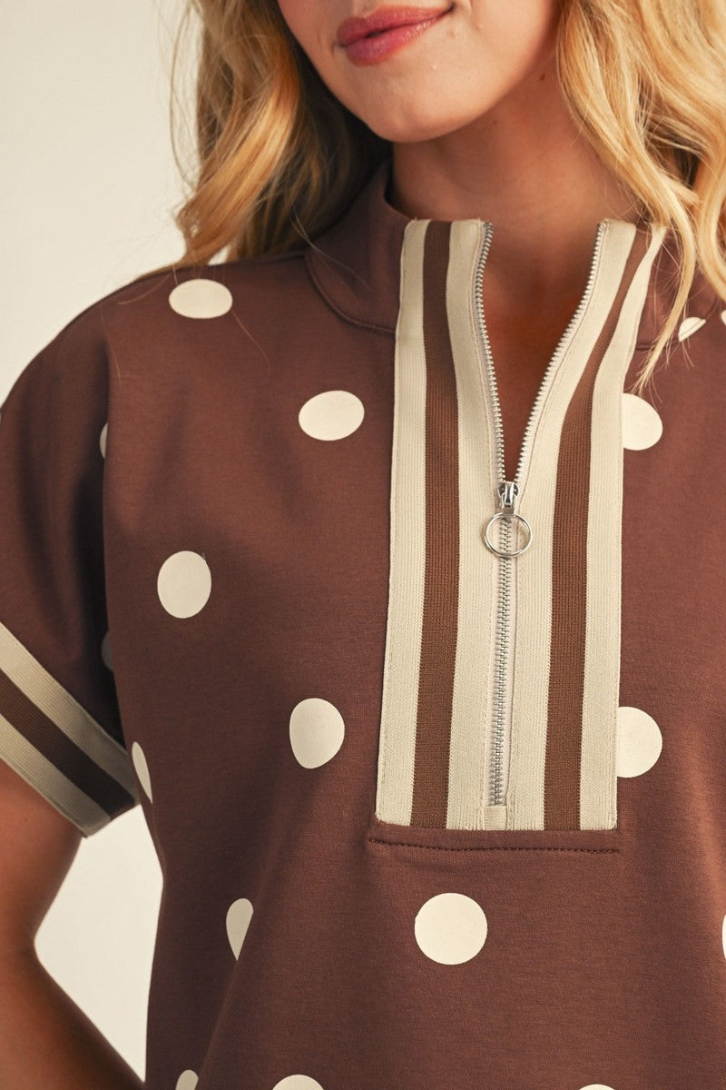 JODIFL Women's Top Front Zip Up Polka Dot Casual Top