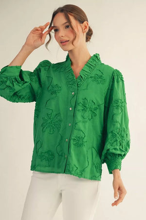 JODIFL Women's Top KELLY GR / S Button Down 3d Floral Top H12376