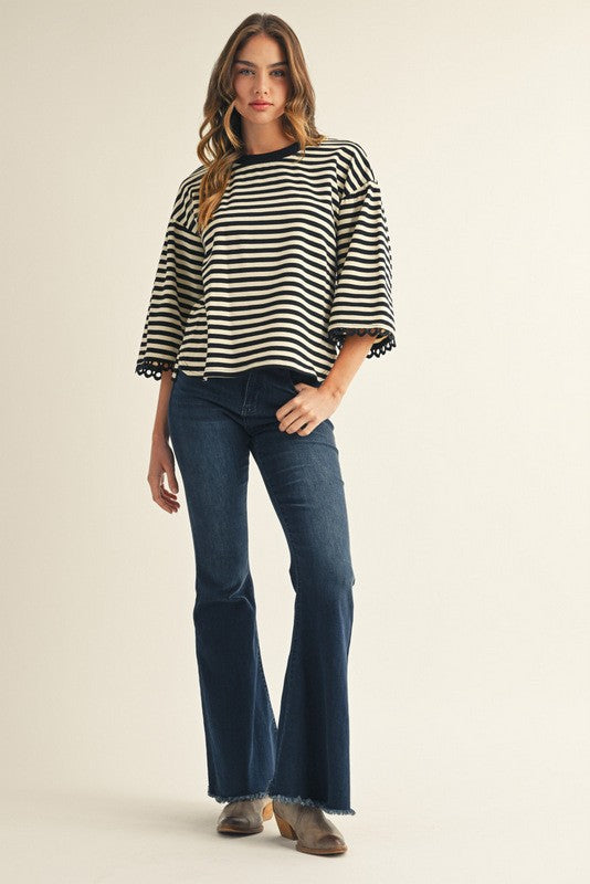 JODIFL Women's Top Lace Trim Accent Stripe Top || David's Clothing