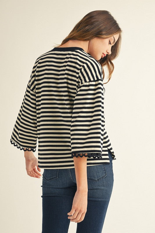 JODIFL Women's Top Lace Trim Accent Stripe Top || David's Clothing