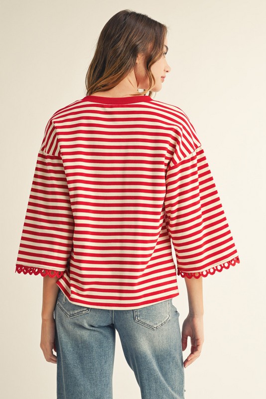JODIFL Women's Top RED / S Lace Trim Accent Stripe Top || David's Clothing G14820