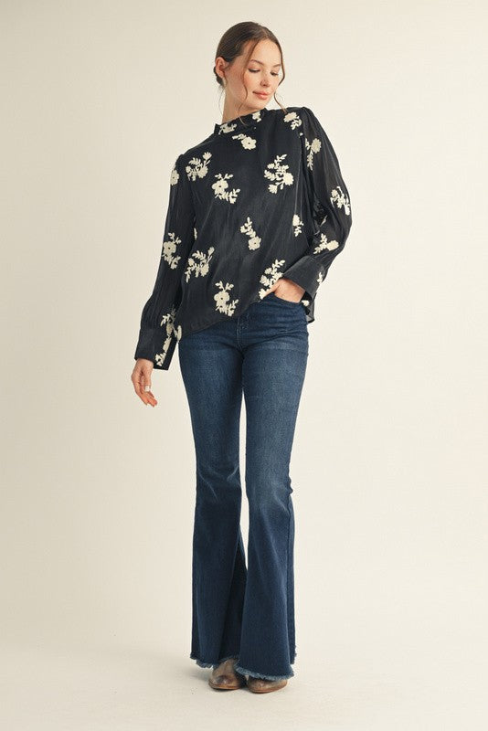 JODIFL Women's Top Long Sleeves Floral Embroidered Top || David's Clothing